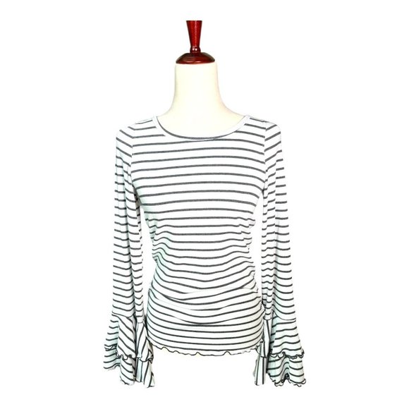 Free People Good Find Black and White Bell Sleeve Stripped Long Sleeve Top, L - Picture 4 of 9